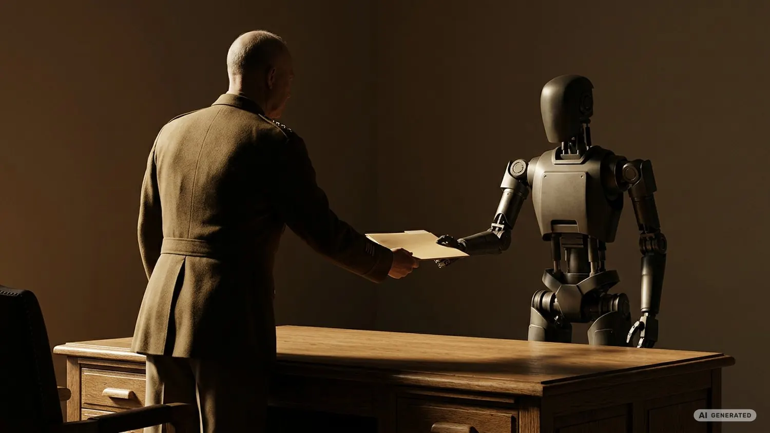 Mann übergibt einem humanoiden Roboter über einen Schreibtisch eine Mappe