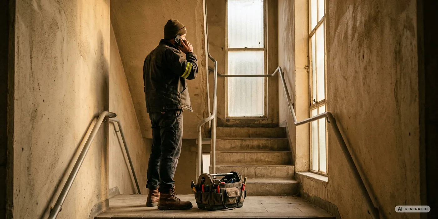 Handwerker mit Werkzeugtasche telefoniert im Treppenhaus eines Mehrfamilienhauses