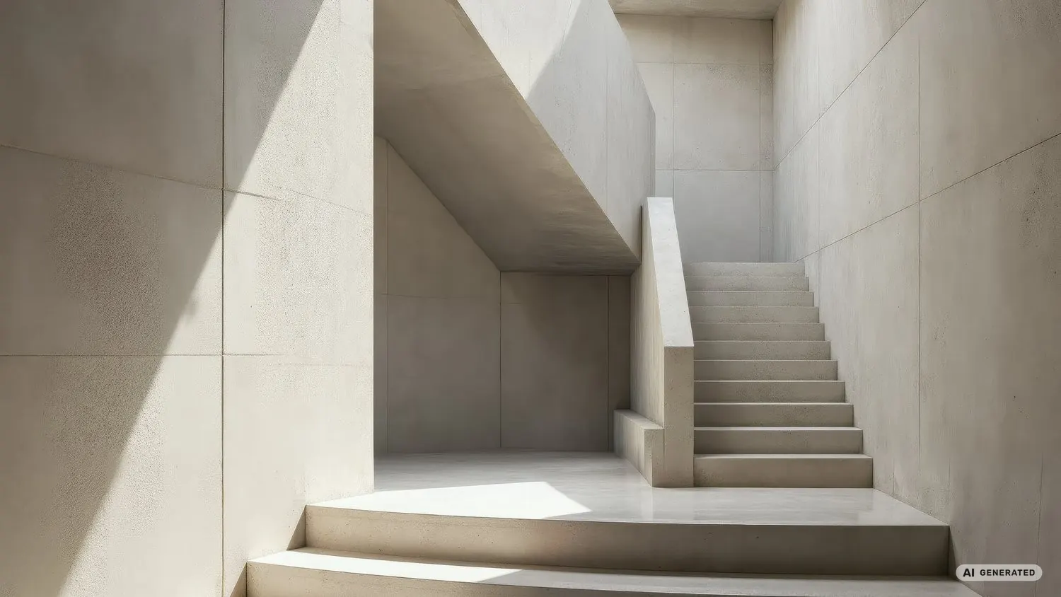 Betontreppe, die in einem hellen Innenraum stufenweise nach oben führt