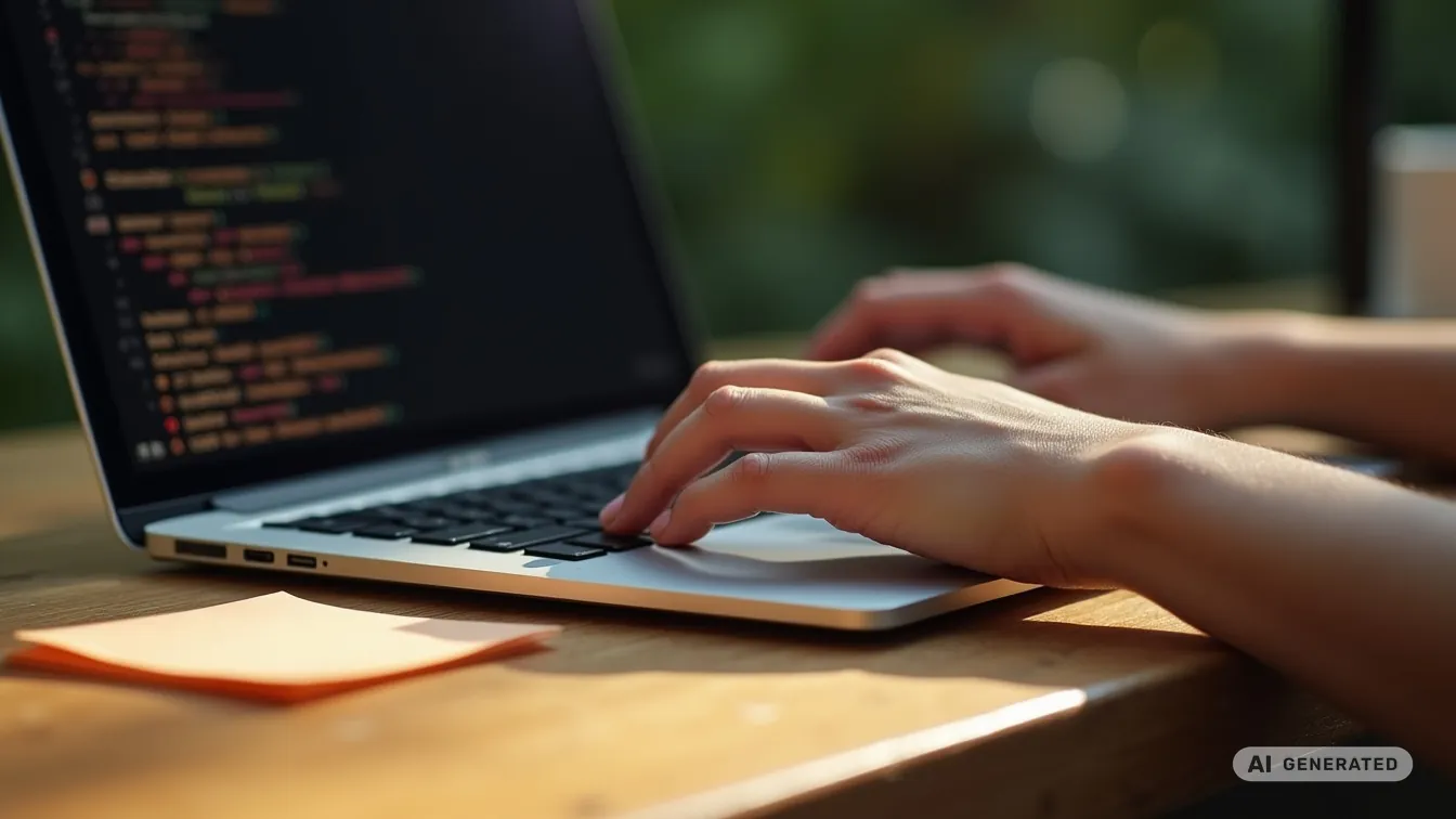 Hände auf der Tastatur eines Laptops mit Programmcode auf dem Bildschirm, daneben orange Haftnotizen auf einem Holztisch