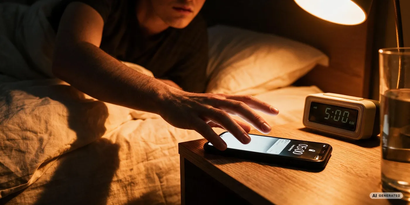 Person greift frühmorgens nach dem klingelnden Telefon, Wecker zeigt 5 Uhr
