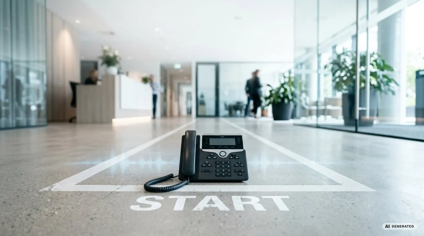 Bürotelefon auf einer Startlinie in einer hellen Empfangshalle