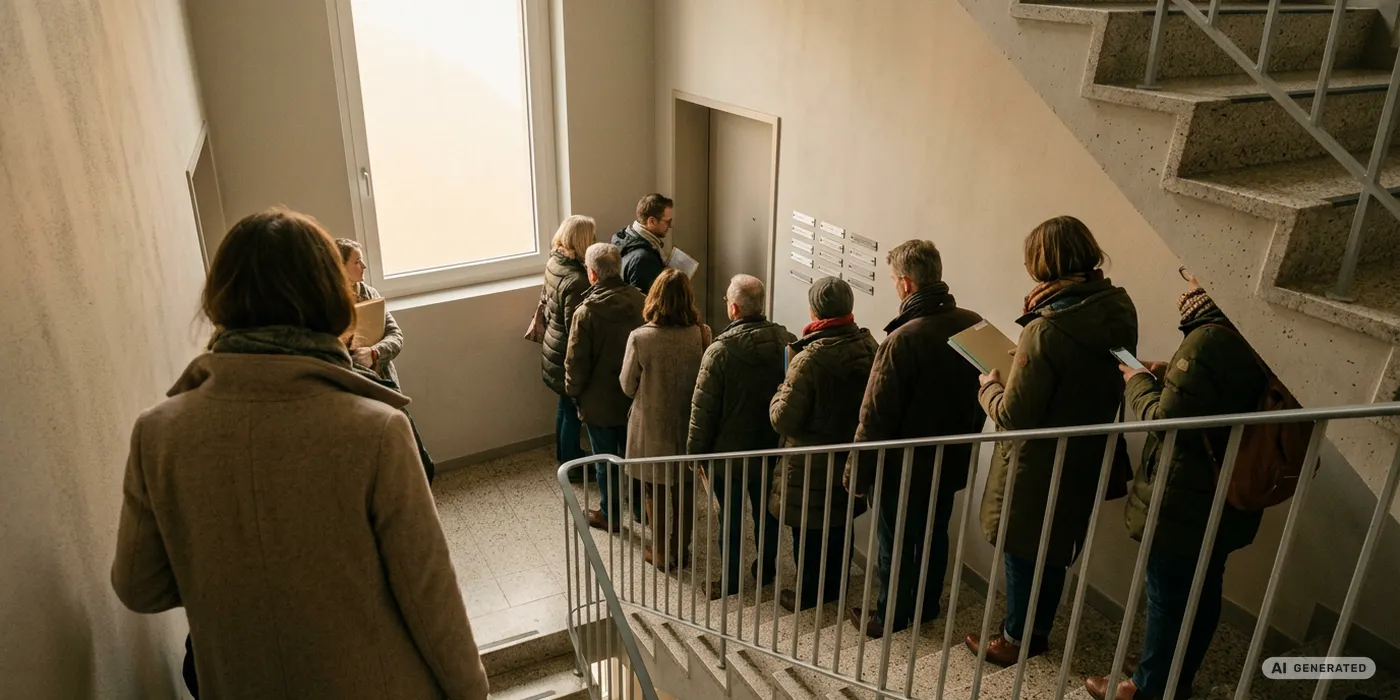 Warteschlange von Mietinteressenten im Treppenhaus eines Schweizer Mehrfamilienhauses bei einer Besichtigung