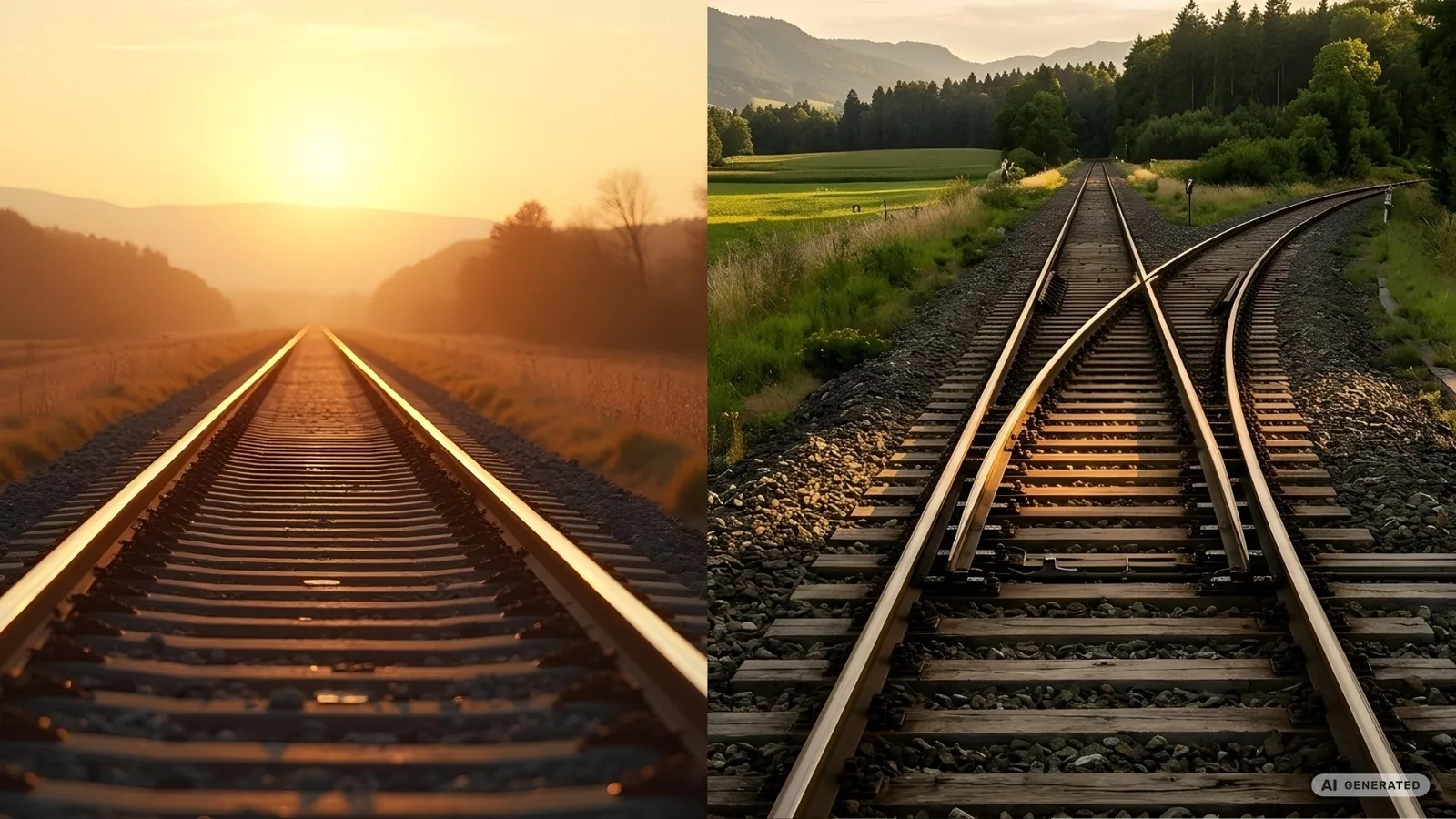 Zwei Arten von Automatisierung: links ein gerades Bahngleis als Bild für den festen Workflow, rechts eine Weiche als Bild für den entscheidenden KI-Agenten