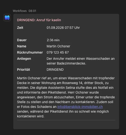 Die Slack-Meldung zum Anruf aus dem Hörbeispiel: Priorität, Rückrufnummer und Zusammenfassung, automatisch erstellt. Alle Personendaten erfunden.